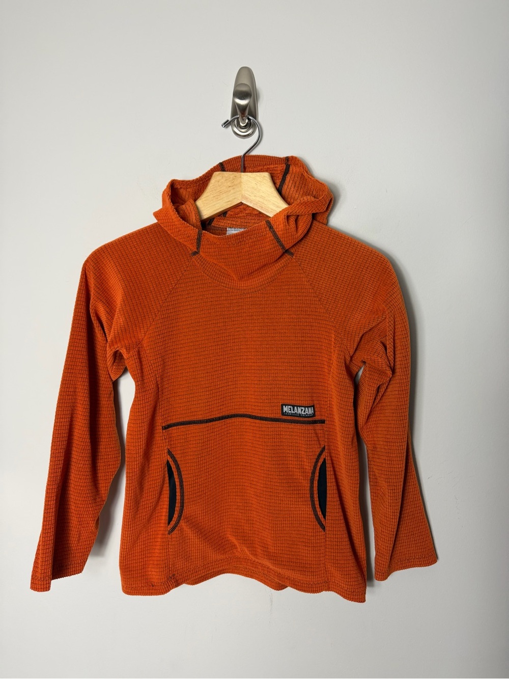 Melanzana Kids Youth Micro Grid Fleece Hoodie Sweatshirt Hood Orange Large